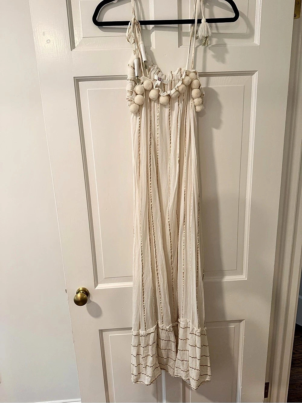 America & Beyond Grecian Glory Women's Striped Maxi Dress White & Gold Medium